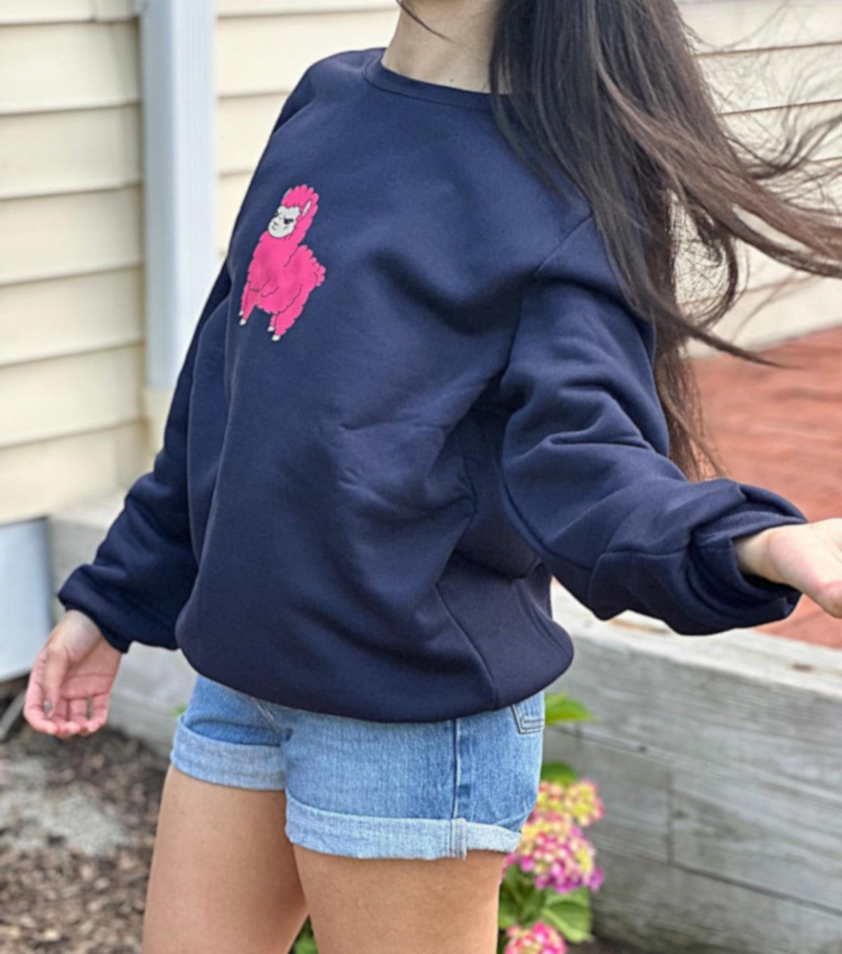 Red Angry Alpaca Oversized Long Sleeve Navy Blue Sweatshirt