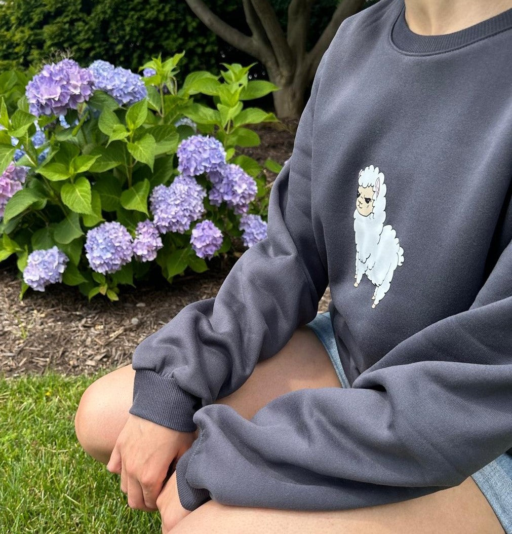 White Angry Alpaca Oversized Long Sleeve Grey Sweatshirt